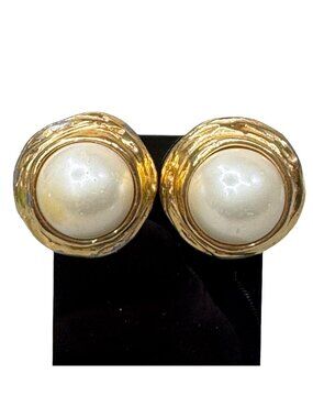 Vintage Ciner Gold Tone Clip On Earrings Faux Pearl Swirl Statement Signed